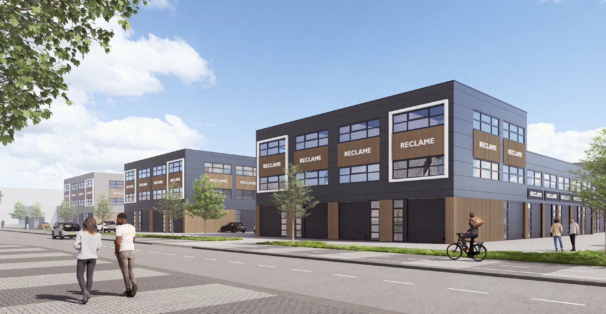 Moderne bedrijfsunits aan de De Liesbosch met ruime gevelreclame en een levendige straatomgeving.